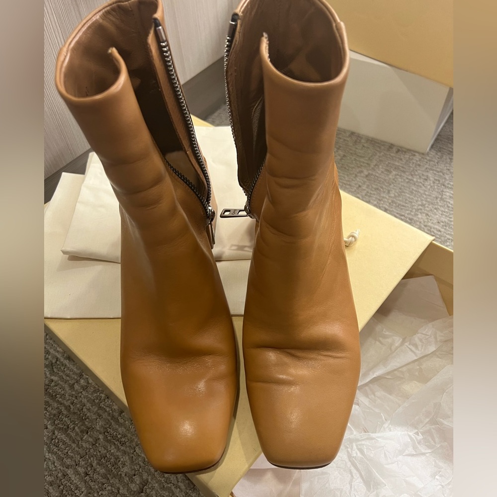 Honey beige block heel zip ankle boots. Heel about 2-3”. Squared toe.